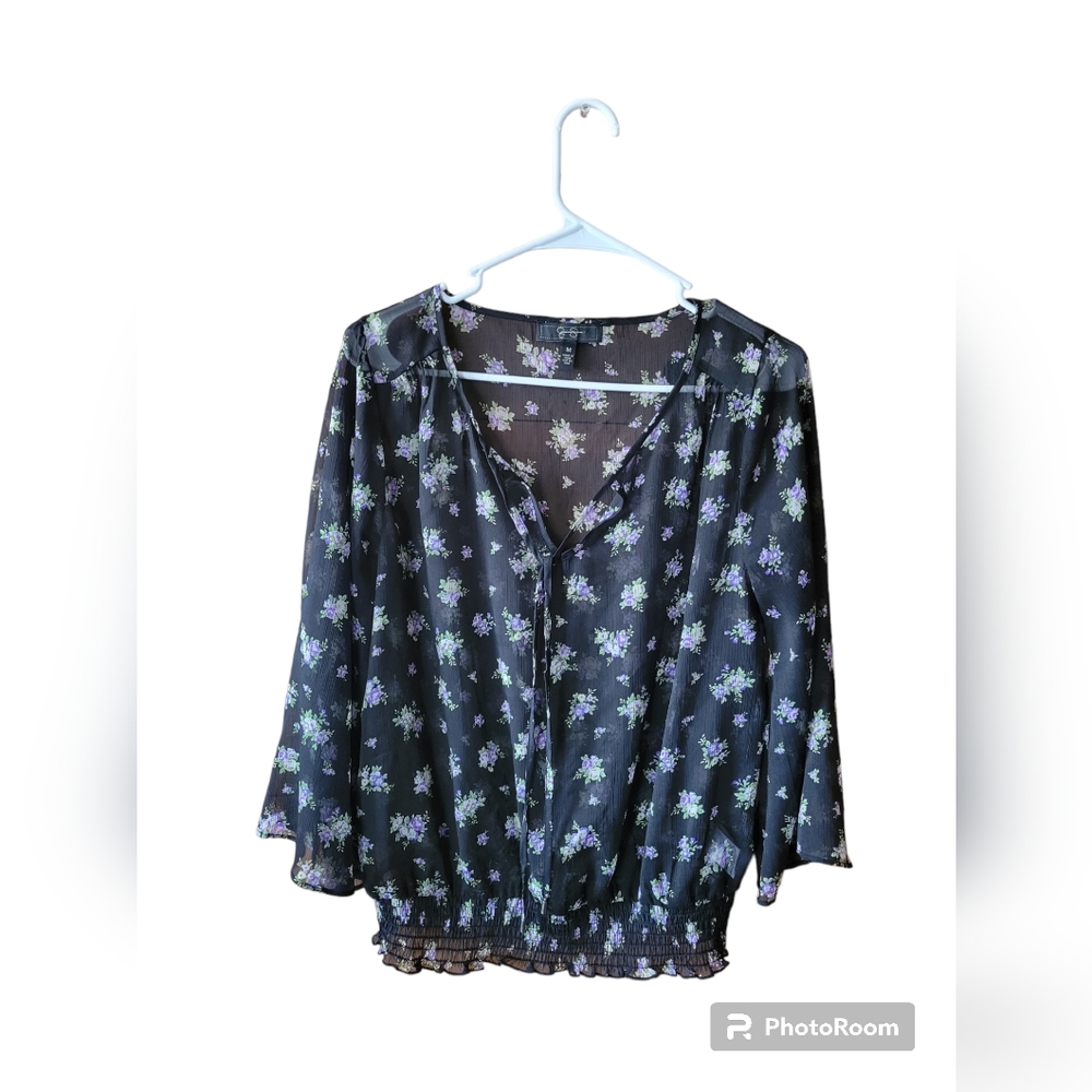 Jessica simspon medium floral black long sleeve sheer summer spring top